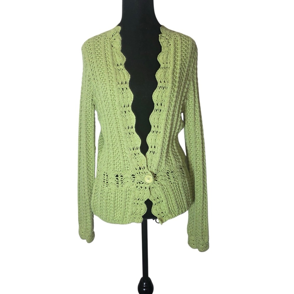 Vintage Green Crochet Cardigan Petite Small Cottagecore Open Knit Sweater
